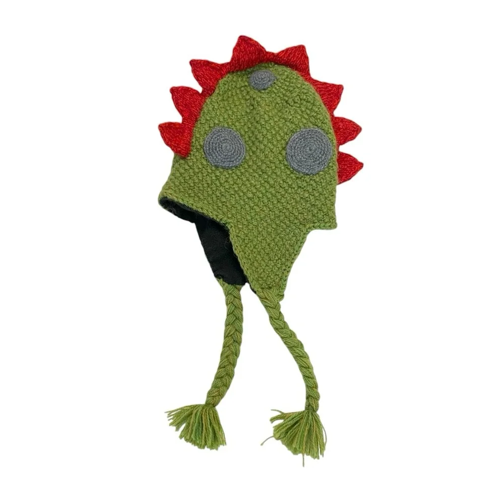 Andes Gifts Kids Green Dinosaur Beanie Alpaca Blend Animal Knit Winter Hat Peru